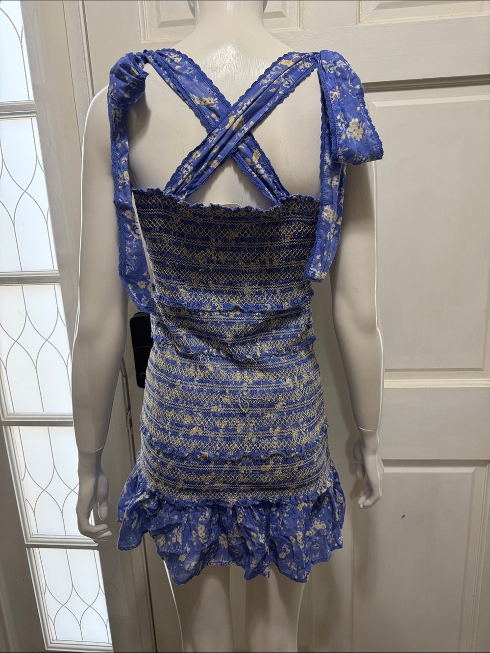 LoveShackFancy Belle Smocked Tie Straps Cotton Mini Dress Blue Jay Floral Print - Picture 8 of 13